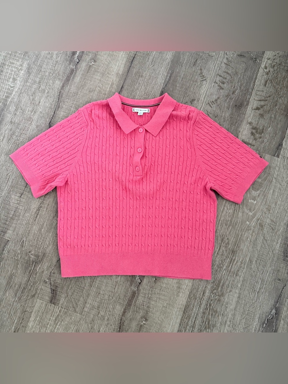 Tommy Hilfiger Women’s XL Pink Cable Knit Short Sleeve Sweater Polo